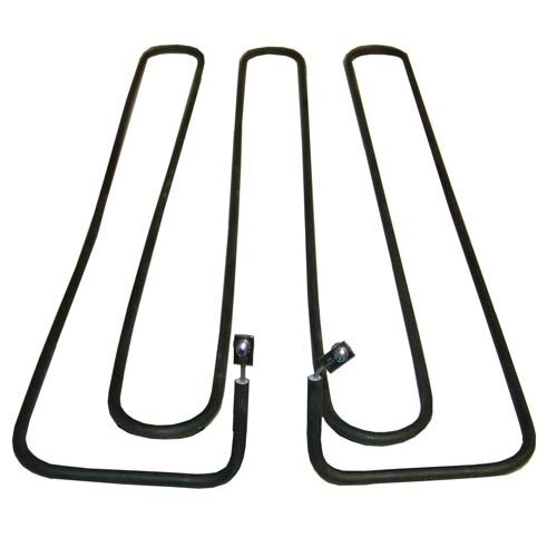 A long black metal heating element with long black wires.