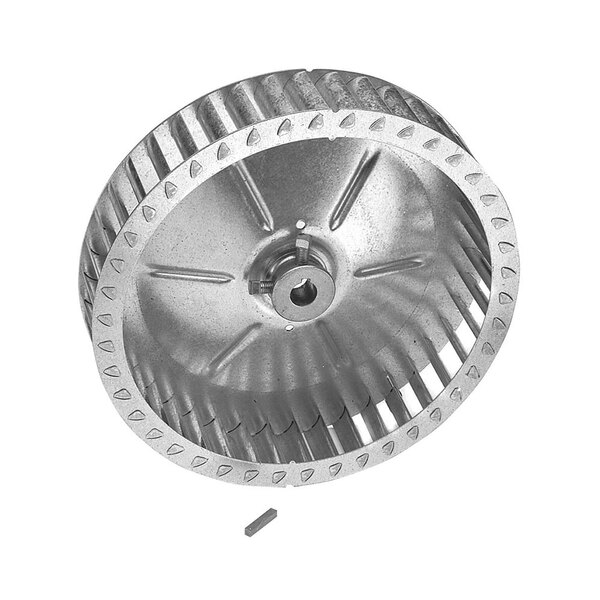 A close-up of a silver metal All Points blower wheel with a screw.