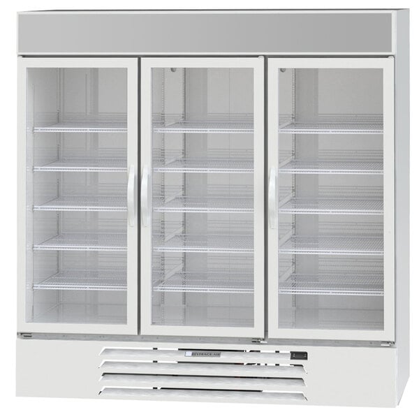 A white Beverage-Air refrigerated glass door merchandiser with shelves.