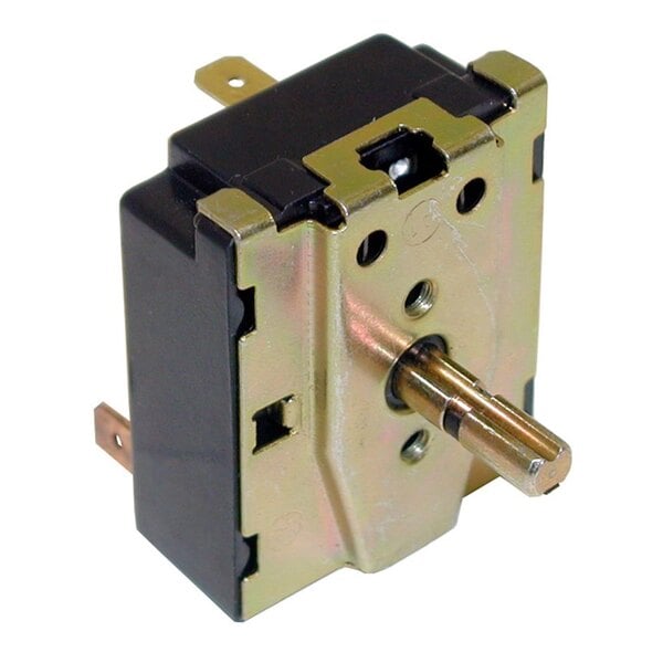 A small black and gold 3-position rotary switch with a metal handle.