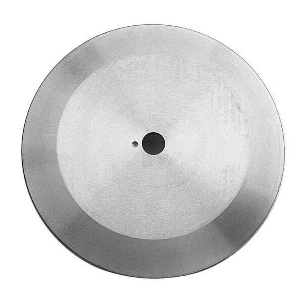A circular stainless steel blade with a hole in the center.