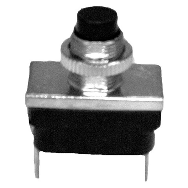 A close-up of a metal and black plastic momentary push button switch.