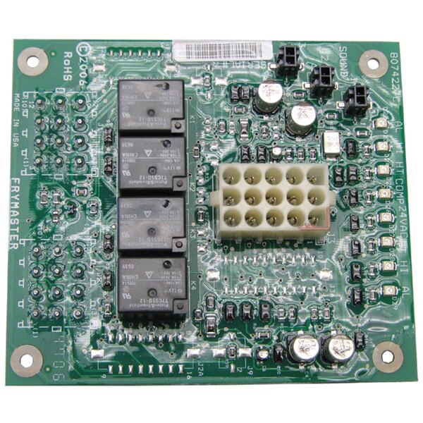 A green circuit board with many small black and white components.