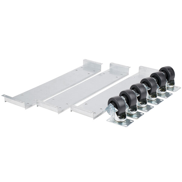 A row of Beverage-Air 3" plate casters with black wheels.