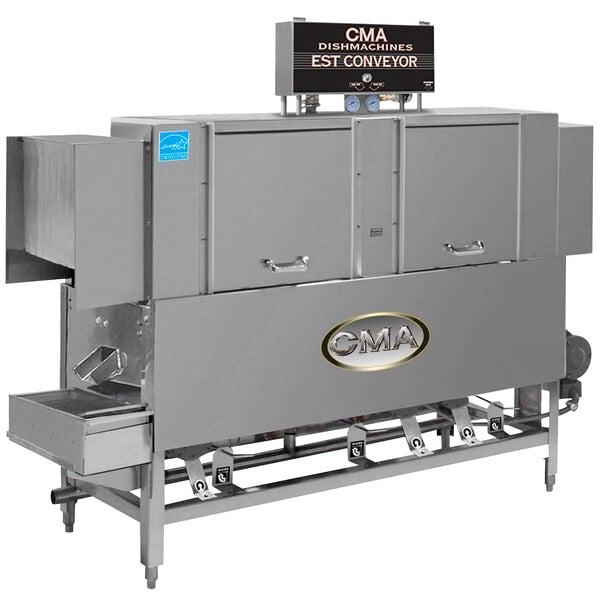A CMA Dishmachines conveyor dishwasher with two doors.
