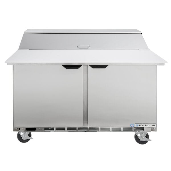 A Beverage-Air stainless steel refrigerator with a cutting top and two doors.