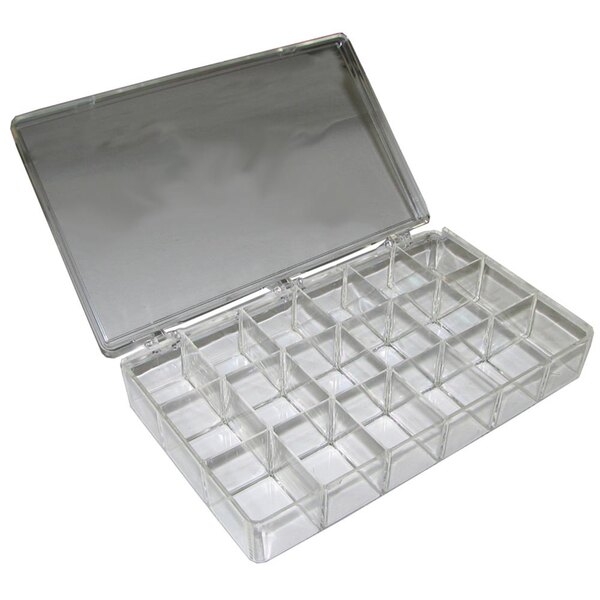 A clear plastic box with 18 compartments.