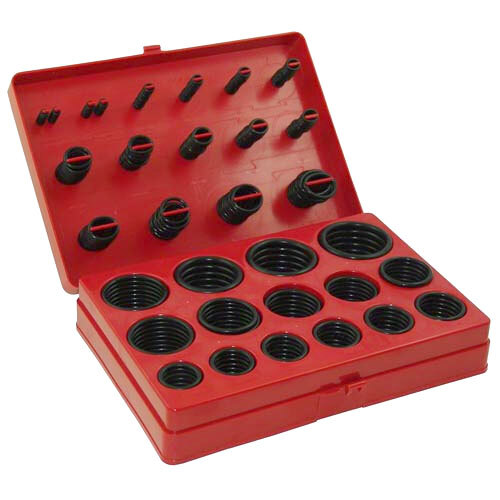 A red plastic box with black rubber rings inside.