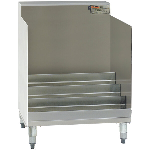 A stainless steel Eagle Group low tier liquor display shelf with four steps.