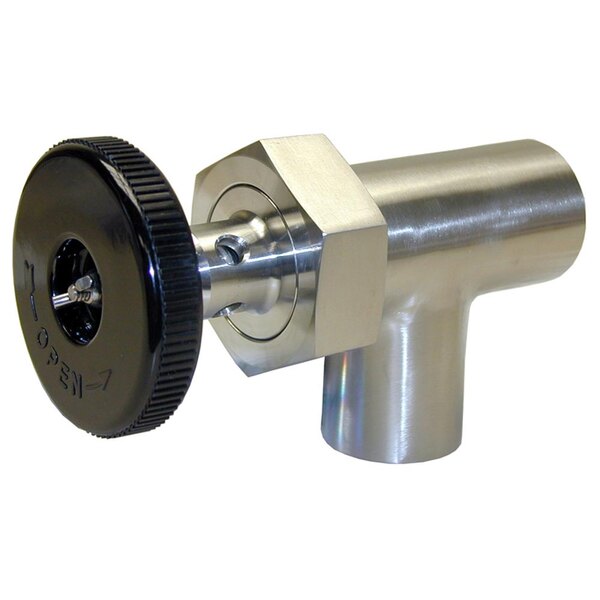A stainless steel pipe fitting with a metal wheel.