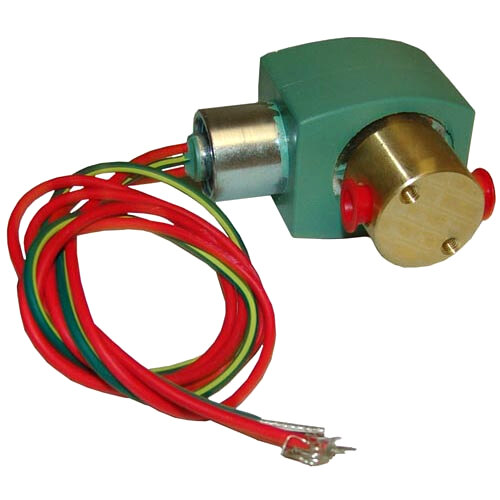 A close-up of a small green and red All Points water solenoid valve with wires.