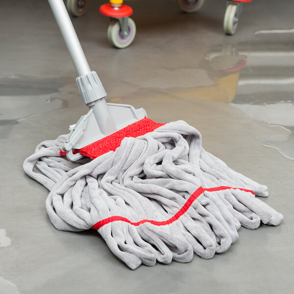 A Unger SmartColor red and white microfiber tube mop head.