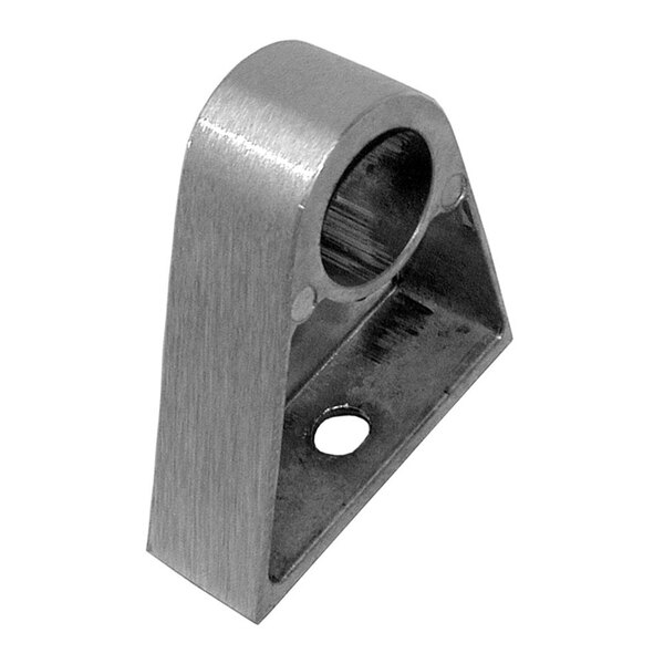 A stainless steel metal bracket with a hole for a handle.