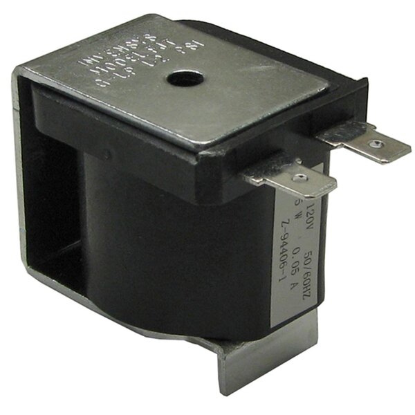 A black molded relay with silver metal on the bottom.