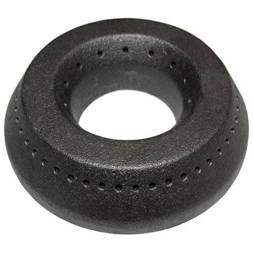 A black circular cast iron saute burner head with holes in it.