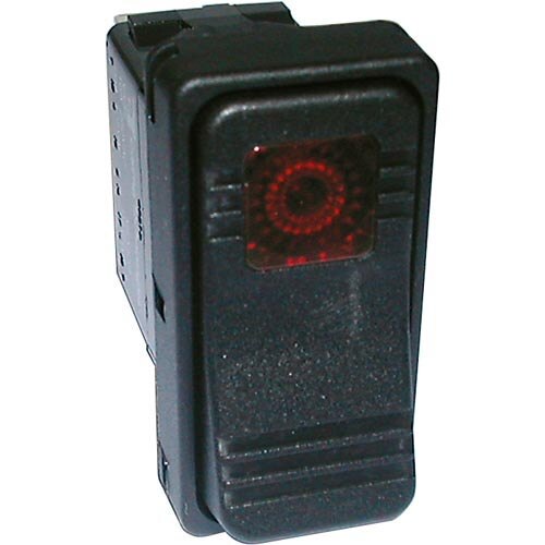 A black plastic rocker switch with a red light.