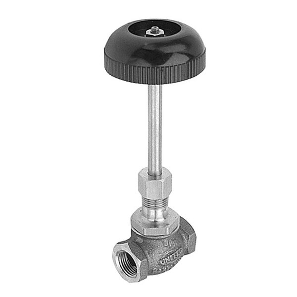 A metal valve with a black knob and metal rod.