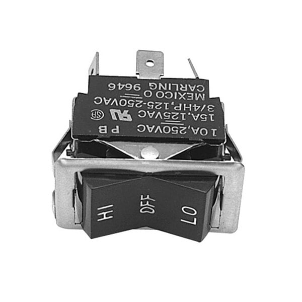 A close-up of a black and white All Points rocker switch.
