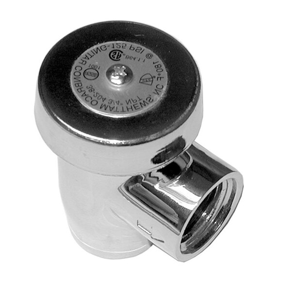 A close-up of a round metal All Points vacuum breaker with a chrome-plated finish.