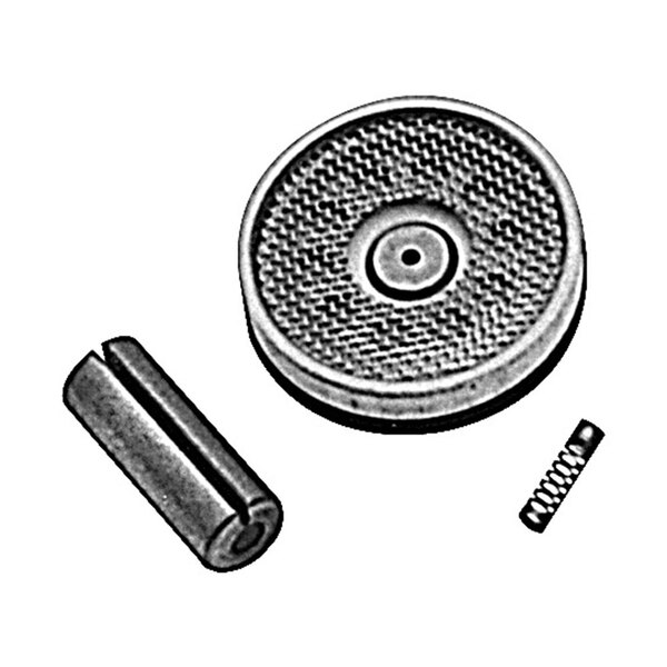 A metal disc and a screw with a circular metal object with holes.