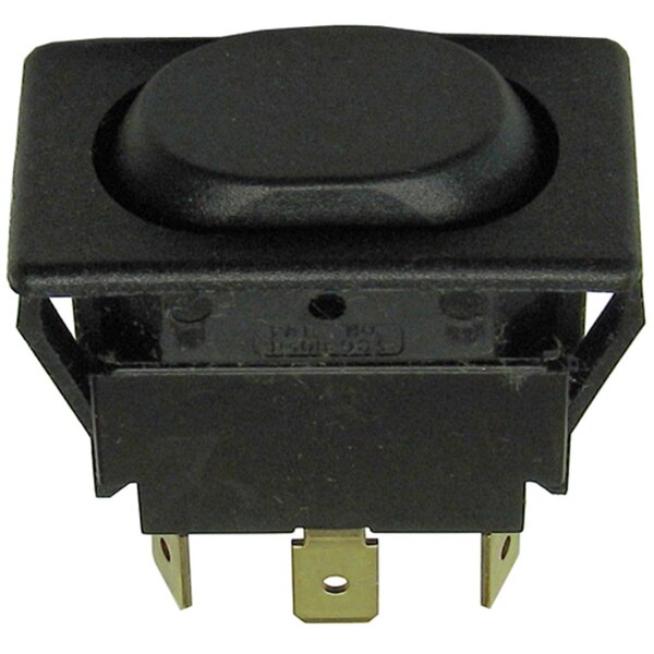 A black plastic All Points On/Off/On Rocker Switch with a black cover and round black button.