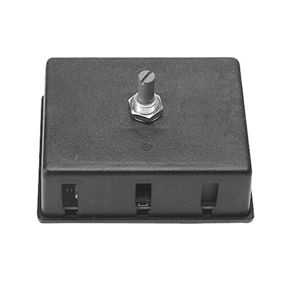 A black square solid state thermostat with a metal screw.