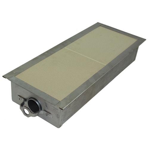A metal rectangular infrared burner with holes.