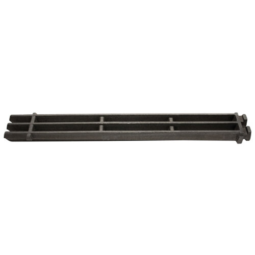 A black rectangular cast iron broiler grate with holes.