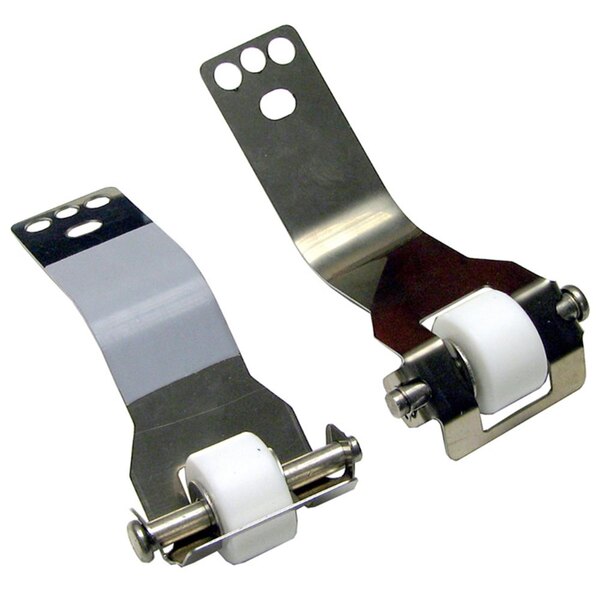 A pair of metal clips with white wheels on them.