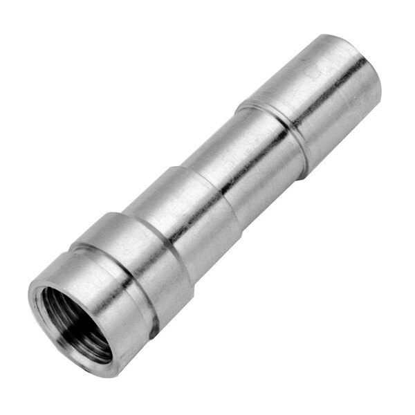 A silver metal pipe with a threaded nozzle.