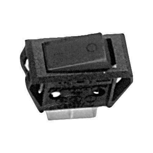 A close-up of a black All Points On/Off Lighted Rocker Switch with a white button.