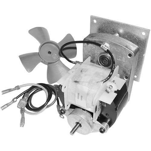 A small electric motor with a fan attached and wires.