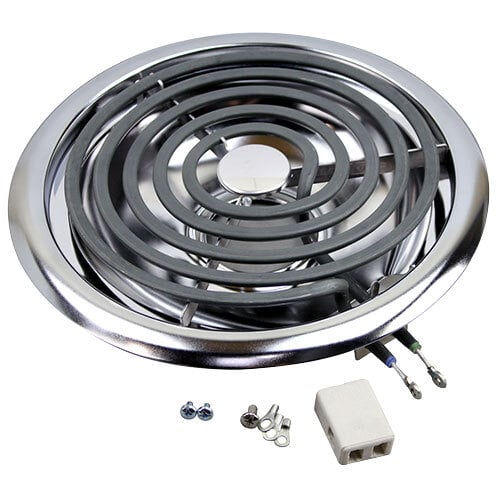 A circular metal coil surface heater with wires and a cover.