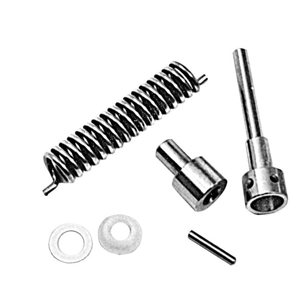 A group of metal parts including a metal spring and a screw.