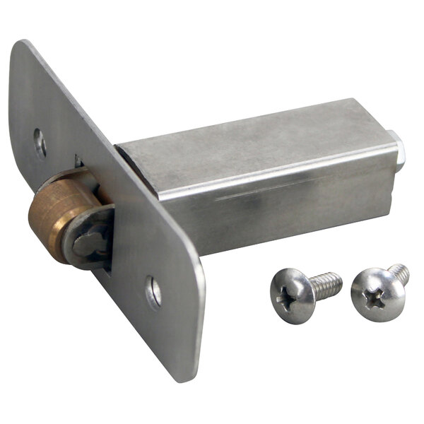 A stainless steel All Points Roller Door Catch with screws and nuts.