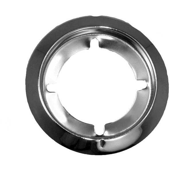 A silver circular metal plate with a hole in the center and holes around the edge.