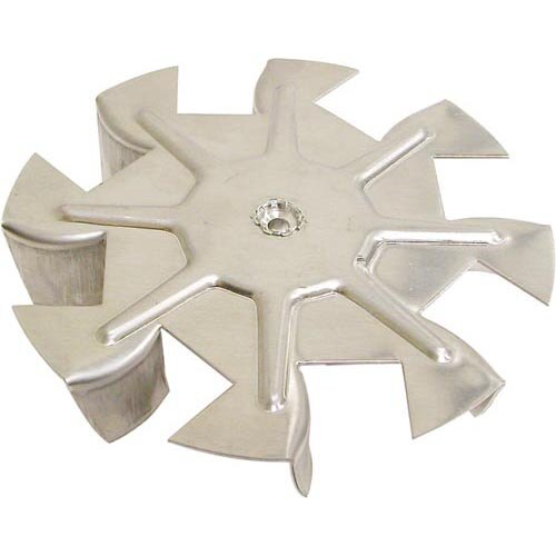 A silver metal All Points radial fan blade with five holes.