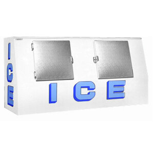 A white Polar Temp outdoor ice merchandiser with blue and white lettering on the doors.