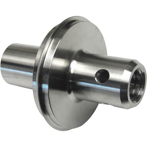 A stainless steel bonnet for a draw off valve with a hole in the middle.