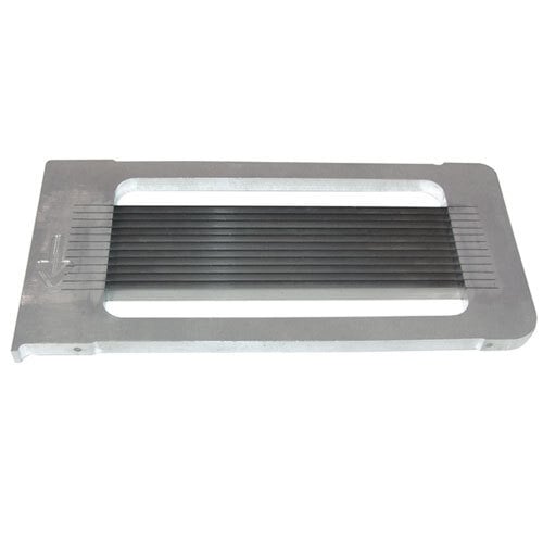 A metal piece with black and silver stripes with 9 blades on it.