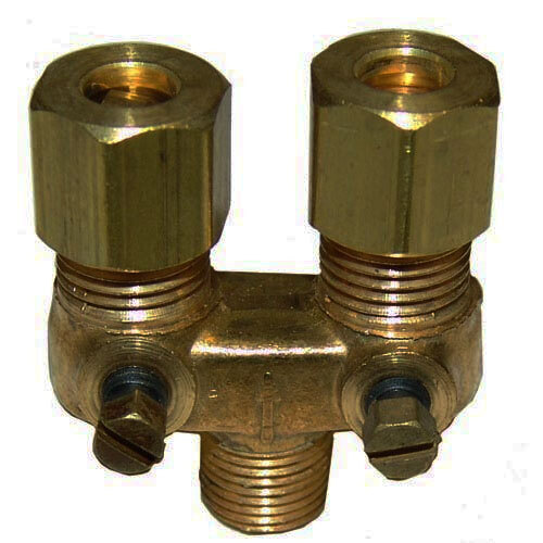 A brass pipe with two gold nuts on brass fittings.