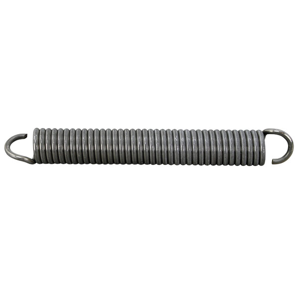 A metal spring with a hook on a white background.
