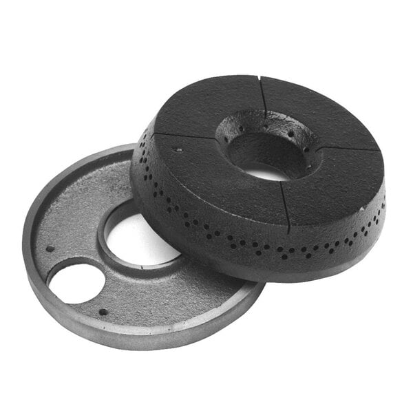 A black cast iron burner base and cap with holes.
