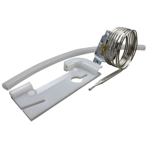 A white plastic All Points ice machine thermostat with a metal wire.