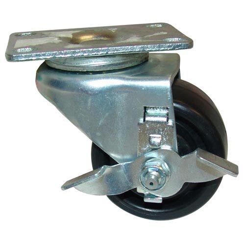 A close-up of an All Points swivel plate caster with a metal and black wheel.