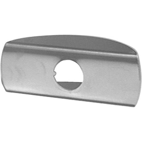 A stainless steel toggle switch guard with a round window in the center.