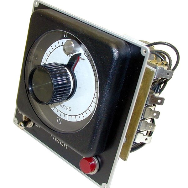 A black and white timer with a red dial and button.