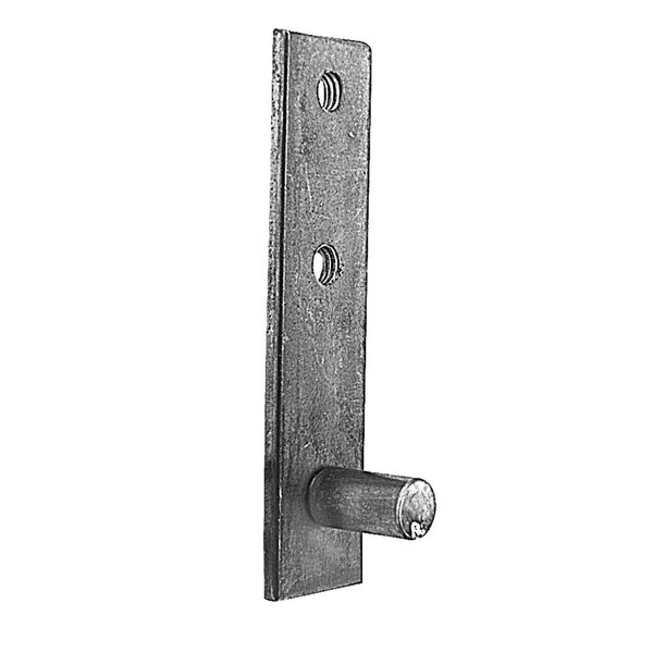 A metal hinge assembly with a pin and holes in metal plates.