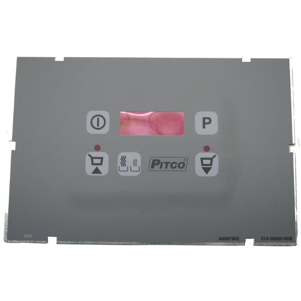 A grey rectangular digital control board with white text and a red screen with the word "Prico" on it.