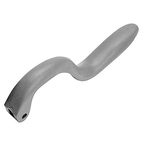 A grey plastic handle with a long, curved shape.